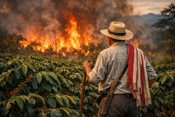 Hombre de espaldas con sombrero de paja y pañuelo rayado observa un campo de cafetos y un incendio forestal con humo y llamas.