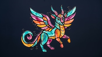 Figura de vitral con forma de criatura alada con cuernos, de colores turquesa, magenta y amarillo sobre un fondo oscuro.