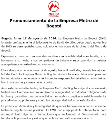 La Empresa Metro de Bogotá confirmó el fallecimiento de David Gordillo y anunció su colaboración con la investigación. - crédito EMB