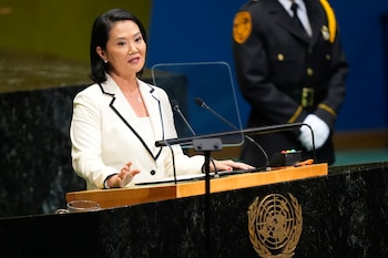 La presidenta de Perú, Keiko Fujimori, interviene en la Asamblea General de las Naciones Unidas en la sede de la ONU, el martes 22 de septiembre de 2026. (AP Foto/Yuki Iwamura)