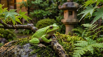 Rana verde posada sobre tronco y musgo húmedos. Gotas de agua en la piel de la rana, ramas y hojas. Vegetación densa y linterna de piedra en el fondo de jardín.