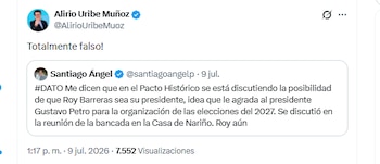 El representante Alirio Uribe Muñoz aseguró que no se contempla la posibilidad de que Roy Barreras sea el presidente del Pacto Histórico - crédito @AlirioUribeMuoz/X