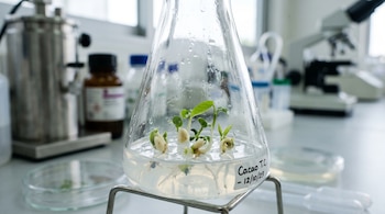Matraz de vidrio con pequeñas plantas de cacao en gel sobre una mesa de laboratorio junto a placas de Petri y frascos.