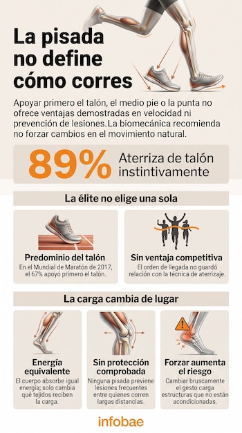 Infografía con ilustraciones anatómicas de una pierna y pie con calzado deportivo, siluetas de corredores y diagramas sobre articulaciones.