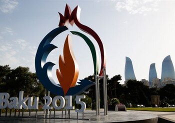 BAKU, AZERBAIJAN - JUNE 11: The Baku 2015 logo is seen with the Flame Towers in the background ahead of Baku 2015, the first European Games on June 11, 2015 in Baku, Azerbaijan. (Photo by Harry Engels/Getty Images for BEGOC)