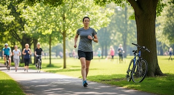Mujer adulta con camiseta gris y pantalón corto oscuro corriendo por un camino en un parque verde. Un árbol y una bicicleta se ven a la derecha.