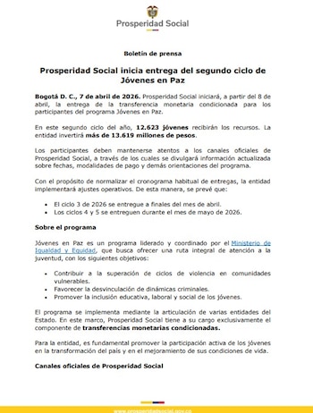 El Gobierno nacional destina recursos para apoyar a más de 12.000 jóvenes en situación vulnerable - crédito Prosperidad Social