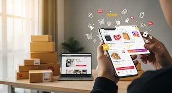 Persona joven usa un smartphone con pantallas de TikTok e Instagram, rodeada de íconos de compra; un escritorio con cajas de envío y una laptop.