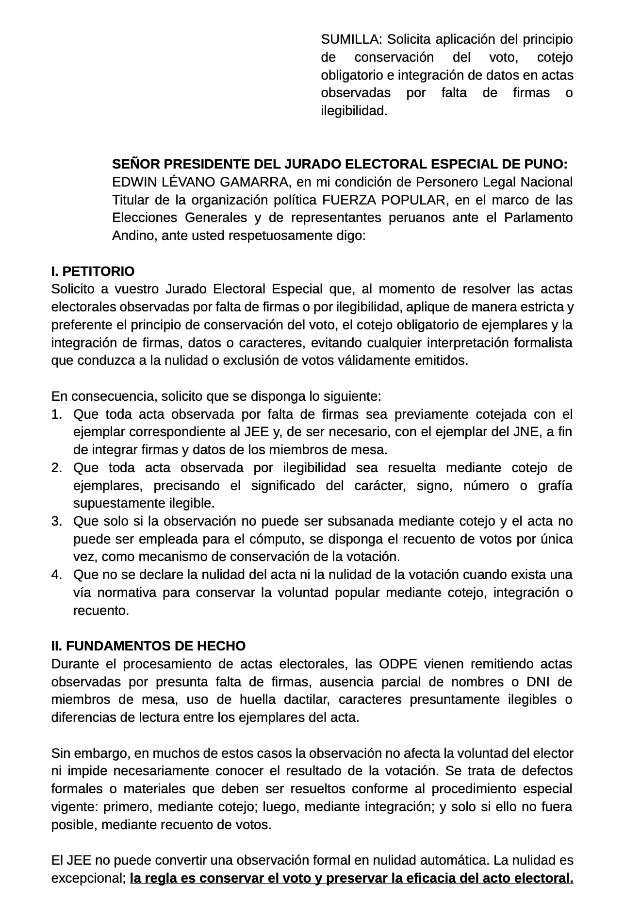 Fuerza Popular solicita al Jurado Electoral Especial la anulación de actas observadas de Lima debido a la falta de firmas o ilegibilidad de miembros de mesa, priorizando la conservación del voto.