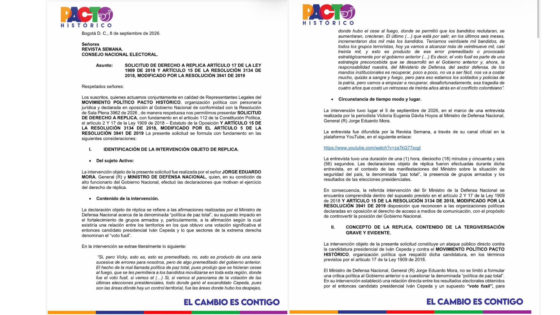 La colectividad pidió un espacio en televisión y plataformas digitales para responder a los señalamientos realizados durante la entrevista - crédito @IvanCepedaCast/X