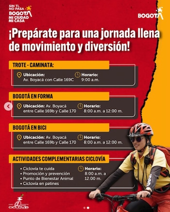 Cada domingo y festivo, la Ciclovía de Bogotá ofrece recreación gratuita entre 7:00 a.m. y 2:00 p.m., cerrando vías para fomentar la salud física y mental - crédito Idrd