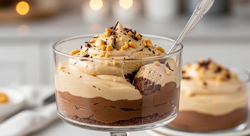 Vaso de postre con capas de mousse de chocolate y mantequilla de maní, cubierto con maní picado y virutas de chocolate. Una cuchara se inserta en el postre.