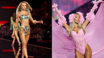 Dos fotografías de la modelo Candice Swanepoel sobre la pasarela, vestida con lencería celeste y metálica, y con un conjunto rosa con capa.