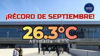 Fachada del aeropuerto Jorge Chávez con texto superpuesto que indica 26,3°C, una anomalía de +6,7°C y el logotipo de ASISMET