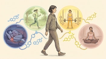 Mujer caminando; cuatro escenas circulares con mujer durmiendo, mujer corriendo, mujer levantando pesas y mujer meditando; moléculas de estrógeno y progesterona.