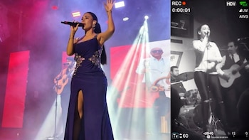Imagen dividida. Izquierda: Mujer en vestido azul canta en escenario con luces. Derecha: Mujer canta en escenario en blanco y negro, con banda y efectos de video