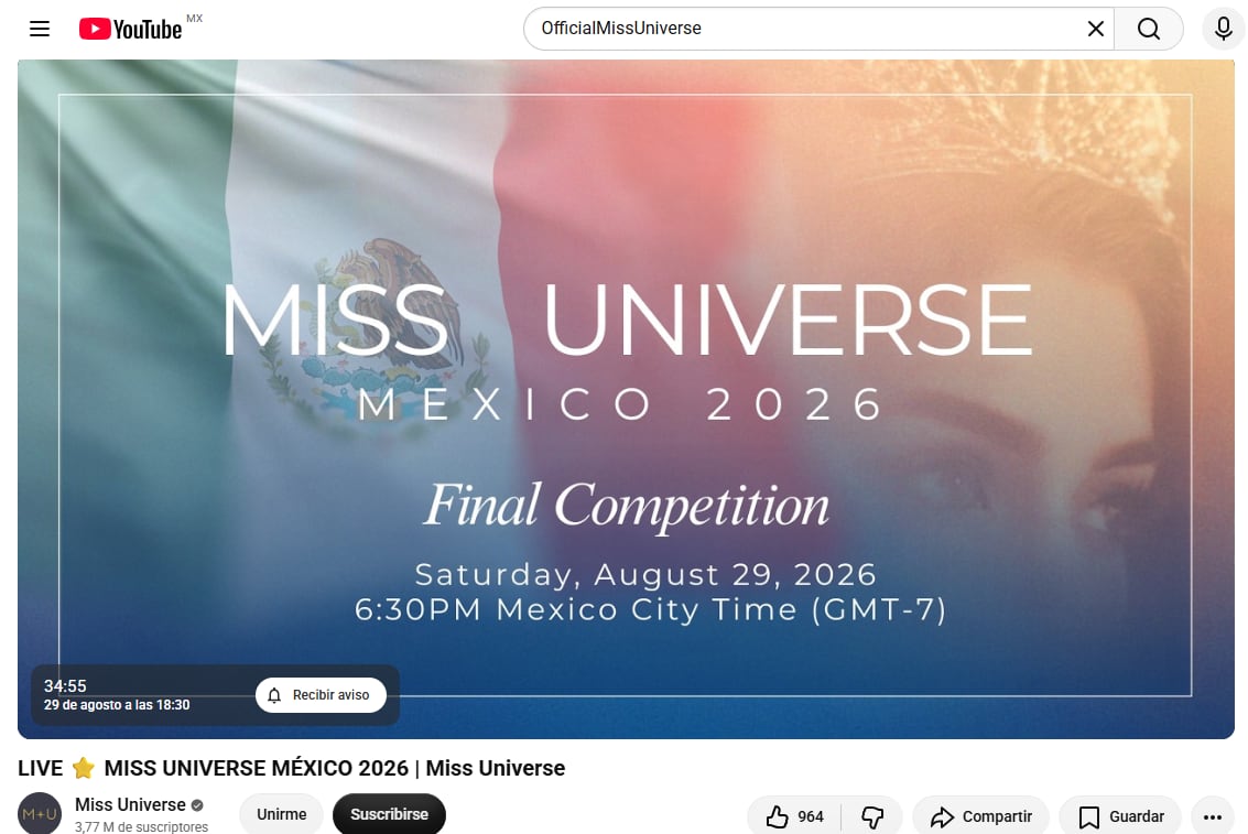 La final de Miss Universe México 2026 se realizará en Los Cabos y se transmitirá gratis en YouTube. (Captura de pantalla)