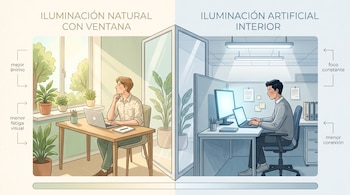 Una ilustración dividida muestra a dos personas en escritorios con computadoras, una junto a una ventana soleada y otra bajo luz artificial.