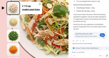 Pantalla de Google Chrome con una receta de ensalada de pollo china. Muestra ingredientes, la ensalada preparada y una función de IA para guardar el análisis de receta