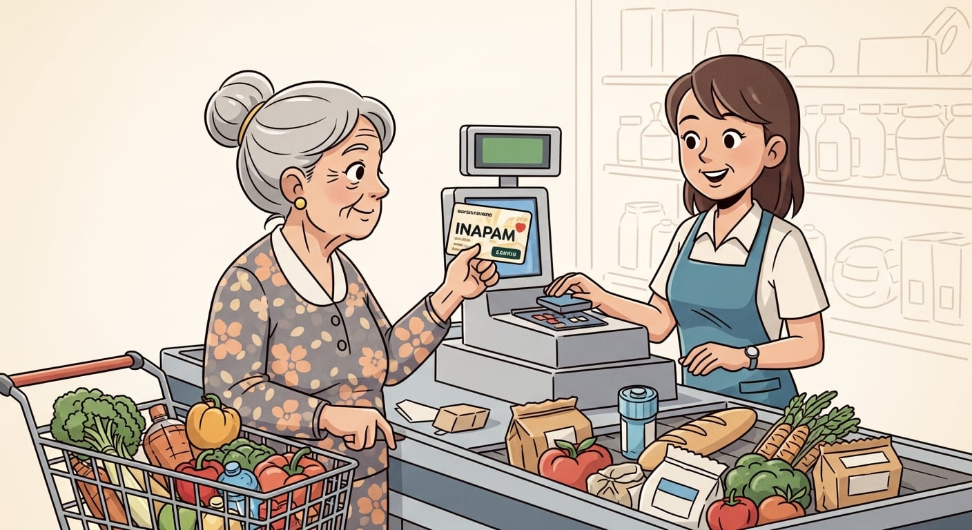 Una adulta mayor utiliza su tarjeta INAPAM para obtener descuentos al pagar sus compras en la caja de un supermercado, asistida por una amable cajera. (Imagen Ilustrativa Infobae)