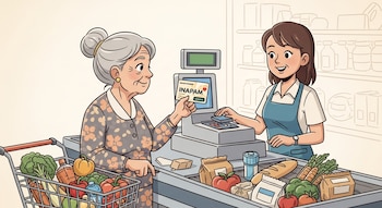Ilustración de una adulta mayor presentando su tarjeta INAPAM a una cajera sonriente en el supermercado, con un carrito lleno de víveres.