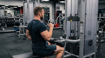 Hombre caucásico con barba sentado en un banco realizando pulldown de un brazo en una máquina de pesas. Al fondo hay pesas y otras máquinas de gimnasio.
