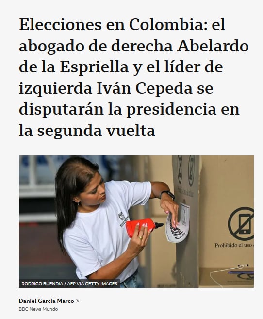 Publicación BBC News sobre las Elecciones en Colombia - crédito BBC News