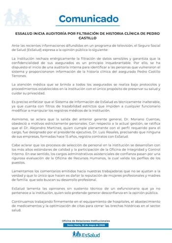Documento oficial de EsSalud en español titulado "Comunicado", anunciando una auditoría por la filtración de la historia clínica de Pedro Castillo