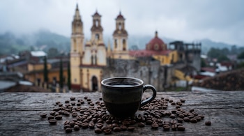 Una taza de café humeante sobre una mesa de madera rodeada por granos de café, frente a una iglesia de torres amarillas al fondo.