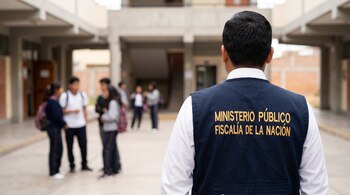 Vista de espaldas de una persona con chaleco azul del Ministerio Público frente a un grupo de estudiantes en el patio de un colegio.