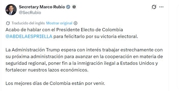 Marco Rubio, secretario de Estado de EE. UU,, dijo que los mejores días de Colombia están por venir - crédito @SecRubio/X