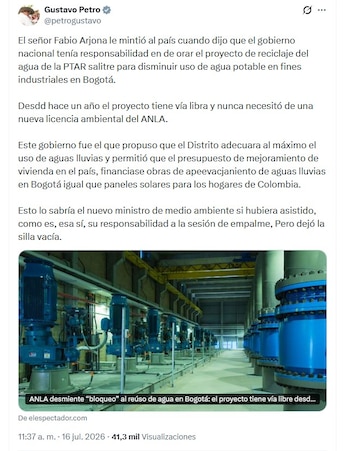 Gustavo Petro afirmó que el proyecto cuenta con vía libre desde 2025 y que no requiere una nueva licencia ambiental - crédito @petrogustavo/X