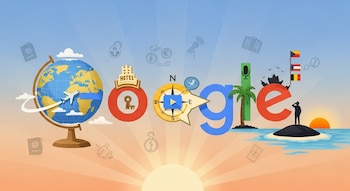 Ilustración colorida del logo de Google, donde cada letra simboliza servicios de viaje: globo terráqueo, hotel, brújula, micrófono, y una isla con banderas y un viajero.