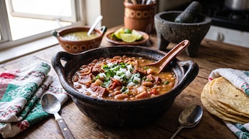 Cazuela de barro con frijoles, tocino, cebolla y cilantro, junto a tortillas de maíz, rodajas de limón, salsa y cucharas sobre una mesa.