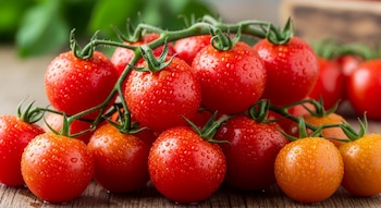 Racimos de tomates cherry rojos y anaranjados, cubiertos de gotas de agua, sobre una superficie de madera. Se aprecian tallos verdes y hojas en el fondo.