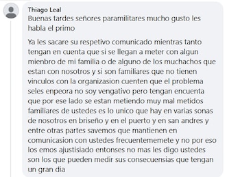 El sujeto advierte represalias si retienen a su familiar - crédito Captura de Pantalla Facebook/Caracol Radio