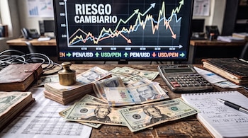 Billetes de soles peruanos y dólares sobre una mesa junto a una calculadora y una pantalla con gráficos financieros