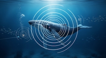 Una ballena jorobada grande nada en aguas azules profundas, emitiendo ondas sonoras representadas por círculos concéntricos brillantes, con peces pequeños y un hidrófono cercano.