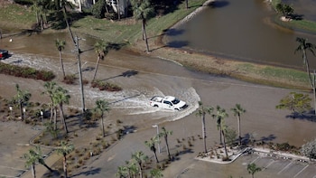 Vista aérea de una camioneta blanca atravesando una calle residencial inundada con agua turbia, rodeada de palmeras, césped y edificios