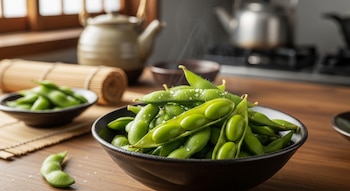 Un tazón de edamame japonés humeante con sal marina sobre una superficie de madera en una cocina. Se ven más edamame y teteras en el fondo.