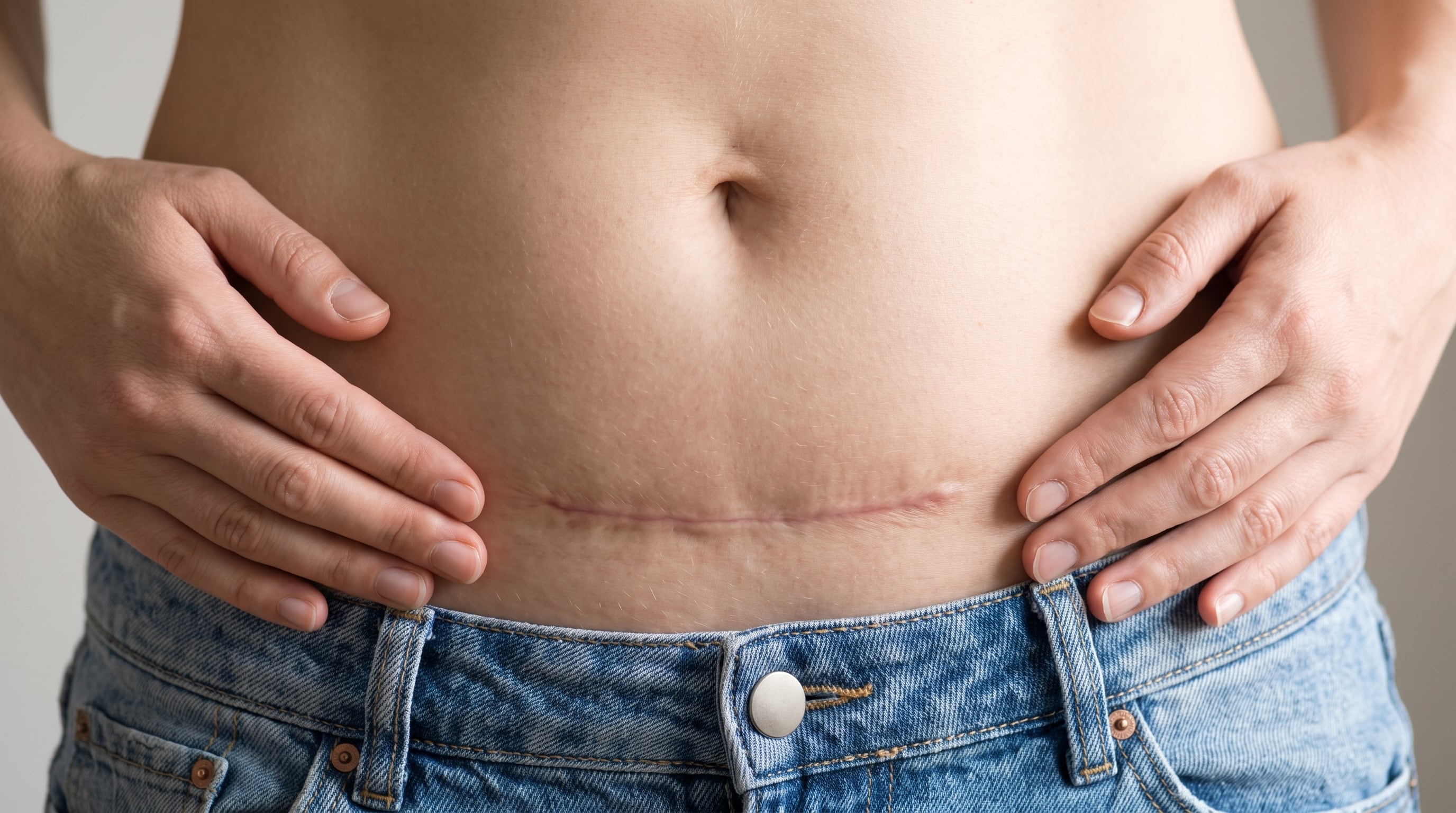 Una mujer muestra su abdomen con la cicatriz horizontal de una cesárea, sobre el borde de unos jeans azules. (Imagen Ilustrativa Infobae)