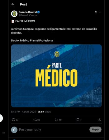 El atacante colombiano se perderá la parte final del campeonato argentino - crédito @RosarioCentral / X