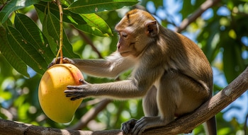 Un mono de pelaje marrón sentado en una rama de árbol, sosteniendo con ambas manos un mango grande, amarillo con tonos rojos.