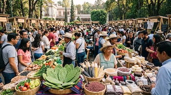 Puestos al aire libre con canastas de nopales, maíz, frijol y semillas rodeados de productores con sombreros y compradores en un parque.