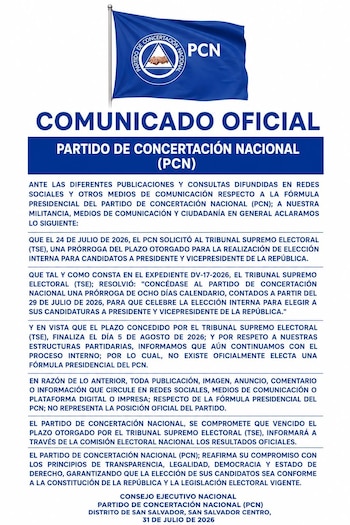 El comunicado oficial del PCN aclaró que el partido aún no ha elegido a sus candidatos a presidente y vicepresidente./ (PCN)