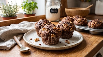 Muffins de chocolate con trozos de nuez sobre un plato llano y un molde para hornear, colocados en una mesa de madera de cocina.