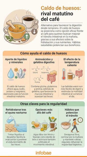 Infografía que compara el caldo de huesos y el café para la digestión, ilustrando beneficios de líquidos, aminoácidos, temperatura y hábitos saludables.