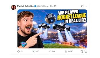 Captura de pantalla de una publicación que incluye a MrBeast, dos automóviles suspendidos sobre un estadio y un balón metálico grande