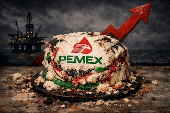 Un pastel con el logo de Pemex, en mal estado y con migas, frente a una plataforma petrolera y una flecha roja ascendente, bajo un cielo oscuro.