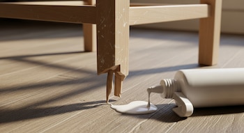 Close-up de una pata de silla de madera rota sobre un suelo de madera, con un bote de pegamento blanco derramando una gota sobre el piso.